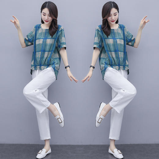 WZNH-WJ20359新品抽褶格纹棉麻休闲时尚两件套装 商品图2