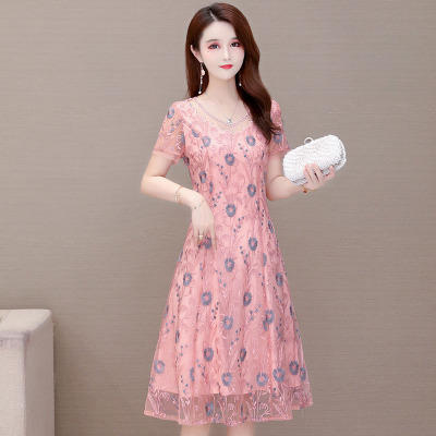 YWE-LRX-LCYR2021新款修身气质高贵阔太太短袖过膝刺绣连衣裙 商品图0