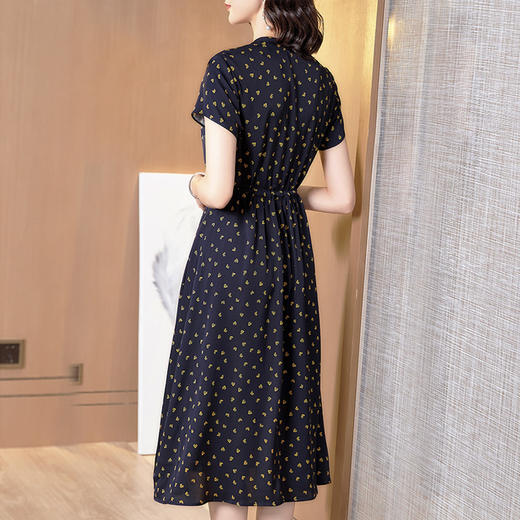 丁摩 真丝连衣裙新款显瘦女桑蚕丝印花V领系带收腰裙20-165DA499 商品图12