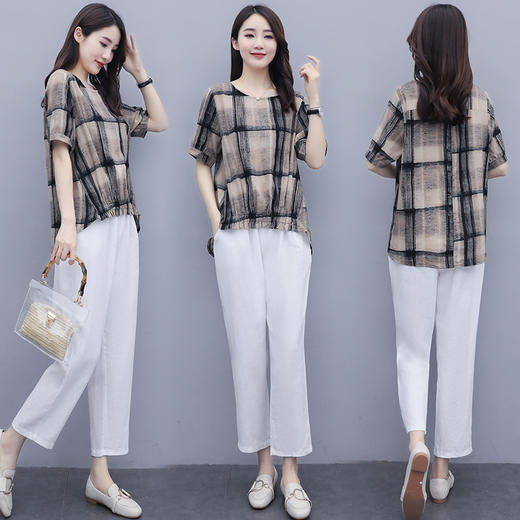 WZNH-WJ20359新品抽褶格纹棉麻休闲时尚两件套装 商品图3