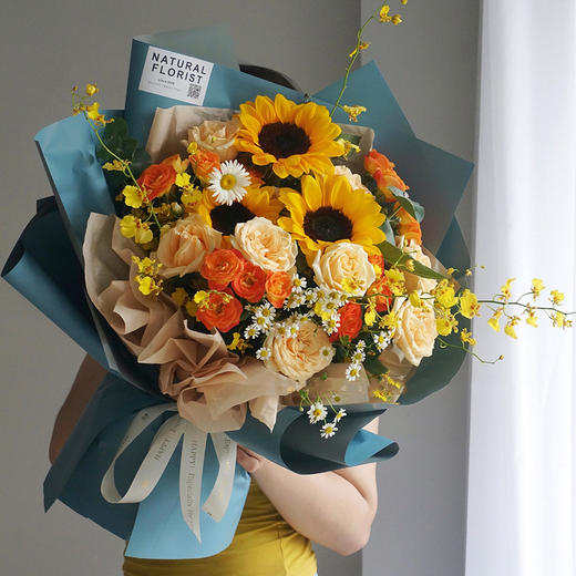 金色阳光 向日葵香槟玫瑰花束你是我的心之所向 商品图0