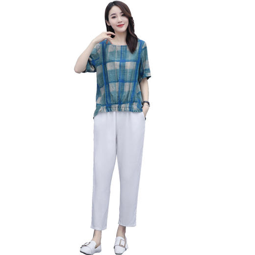 WZNH-WJ20359新品抽褶格纹棉麻休闲时尚两件套装 商品图4