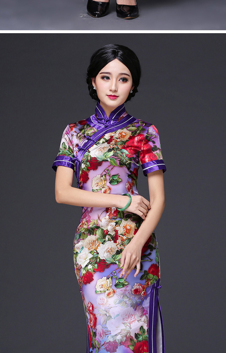 复古修身时尚真丝中长款旗袍qc169766