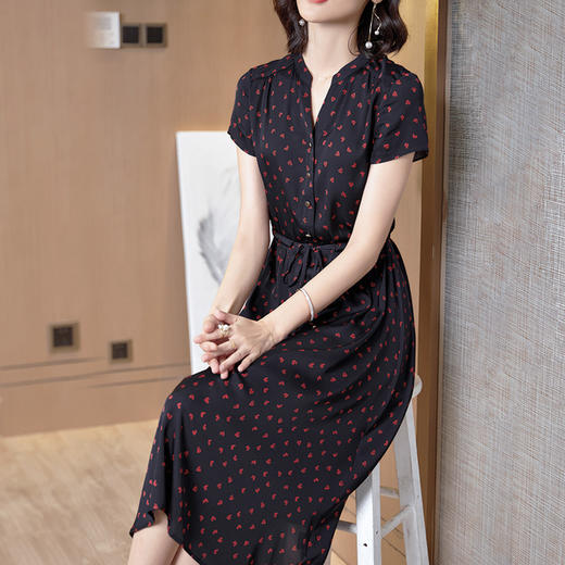 丁摩 真丝连衣裙新款显瘦女桑蚕丝印花V领系带收腰裙20-165DA499 商品图8