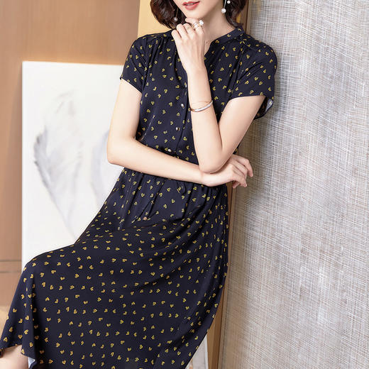 丁摩 真丝连衣裙新款显瘦女桑蚕丝印花V领系带收腰裙20-165DA499 商品图7