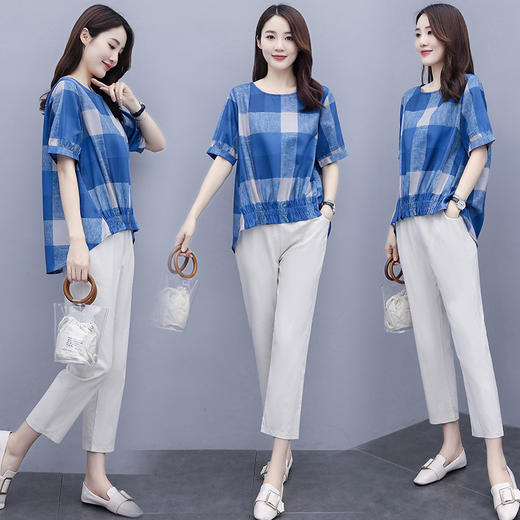 WZNH-WJ20359新品抽褶格纹棉麻休闲时尚两件套装 商品图1