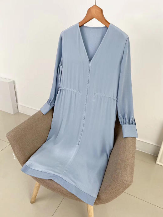 海洋蓝23mm鬼绉真丝连衣裙双层真丝