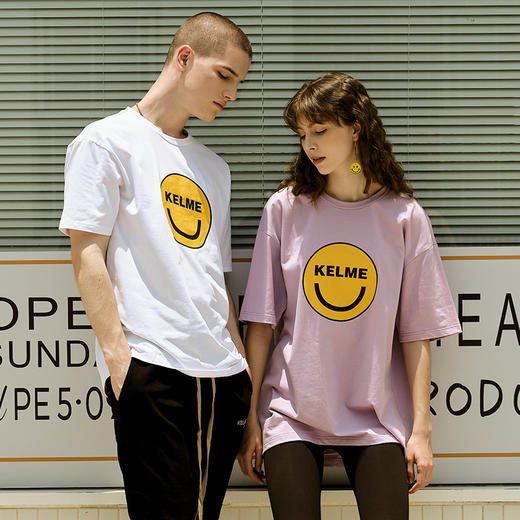 卡尔美运动休闲短袖夏季新款男女中性款情侣笑脸纯棉T恤 商品图0