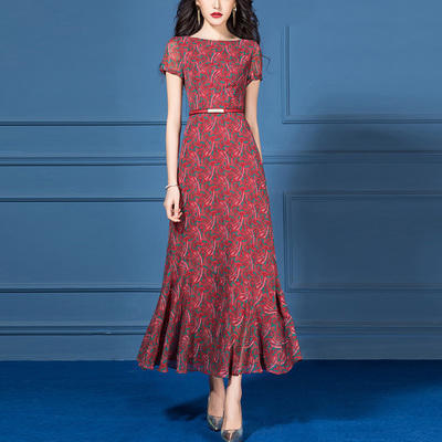 HT-387新款一字领印花收腰修身显瘦优雅大摆连衣裙 商品图0