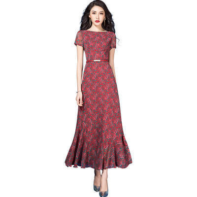 HT-387新款一字领印花收腰修身显瘦优雅大摆连衣裙 商品图1