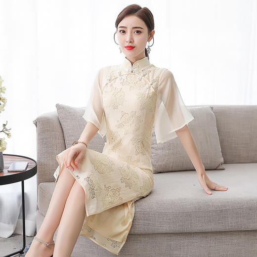 FMN-FS9399米色双襟盘扣开衩文艺少女喇叭袖复古显瘦旗袍连衣裙 商品图4