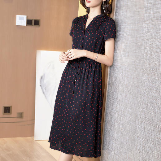 丁摩 真丝连衣裙新款显瘦女桑蚕丝印花V领系带收腰裙20-165DA499 商品图4