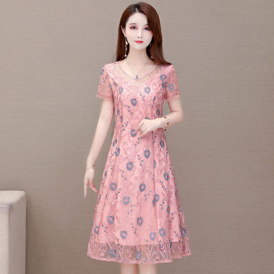 YWE-LRX-LCYR2021新款修身气质高贵阔太太短袖过膝刺绣连衣裙 商品图1