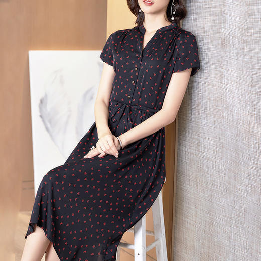 丁摩 真丝连衣裙新款显瘦女桑蚕丝印花V领系带收腰裙20-165DA499 商品图5