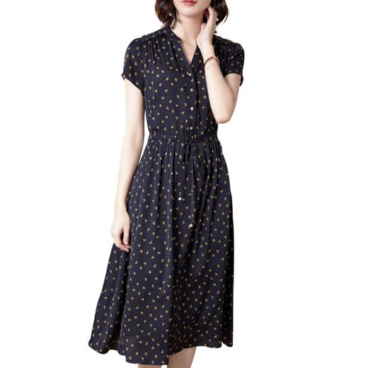 丁摩 真丝连衣裙新款显瘦女桑蚕丝印花V领系带收腰裙20-165DA499 商品图3