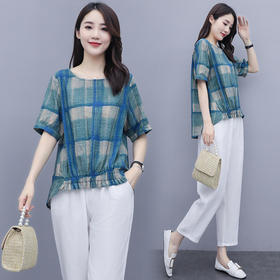 WZNH-WJ20359新品抽褶格纹棉麻休闲时尚两件套装