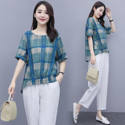WZNH-WJ20359新品抽褶格纹棉麻休闲时尚两件套装 商品图0