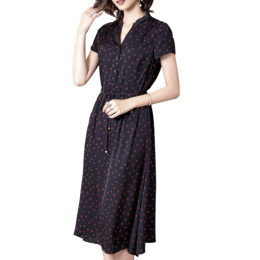 丁摩 真丝连衣裙新款显瘦女桑蚕丝印花V领系带收腰裙20-165DA499 商品图2