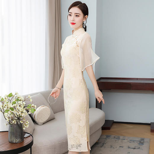 FMN-FS9399米色双襟盘扣开衩文艺少女喇叭袖复古显瘦旗袍连衣裙 商品图2