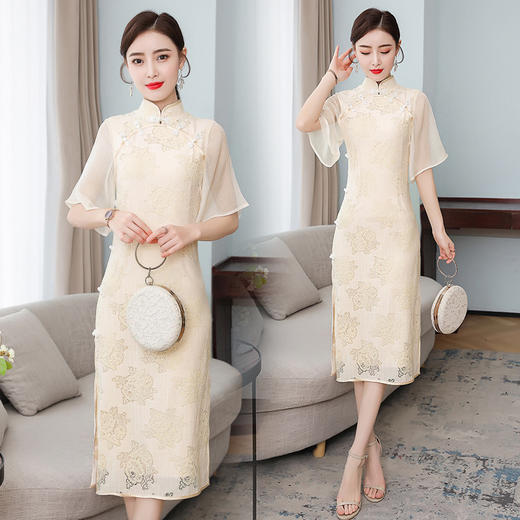 FMN-FS9399米色双襟盘扣开衩文艺少女喇叭袖复古显瘦旗袍连衣裙 商品图0