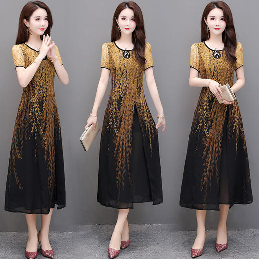 MQ-YYG232夏装新款遮腹显瘦洋气印花过膝雪纺连衣裙YY 商品图0