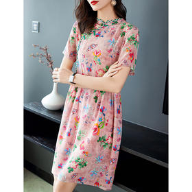 CS-72843新品气质复古风手工编织花朵印花短袖真丝连衣裙