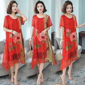 WZNH-YYG82558胖妈妈夏新款大码女装洋气阔太太印花中长裙