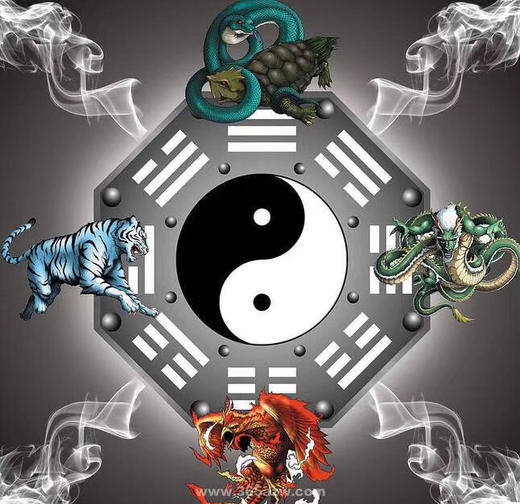 西之白虎,南之朱雀,北之玄武,中为黄龙,与金木水火土十二属相对应