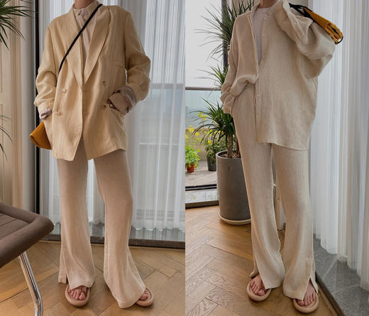 HIDEMI 懒人必备/奶昔白肌理感亚麻套装 圆领衬衫/垂直感侧开衩长裤 商品图3