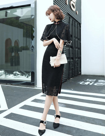 MES-9117新款法式立领蕾丝披肩旗袍连衣裙 商品图3