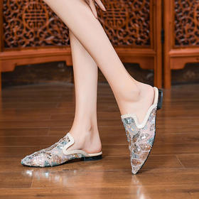 MJM330-20外穿2020夏季新款仙女网红包头亮片平底低跟凉拖鞋