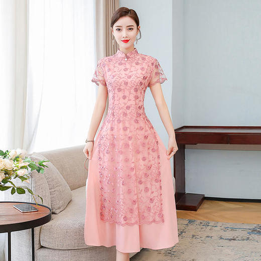 DJ-NRJ2FA40-FS9507优雅复古网纱绣花改良旗袍式连衣裙 商品图1