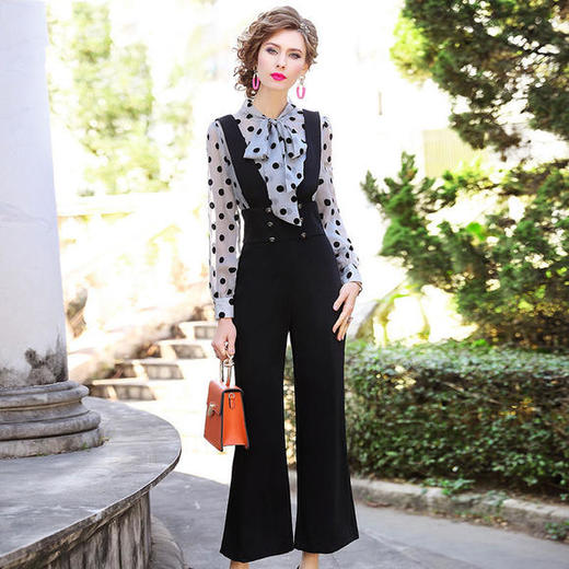 FMY29699新款名媛气质波点衬衫蝴蝶结高腰显瘦连体裤 商品图0