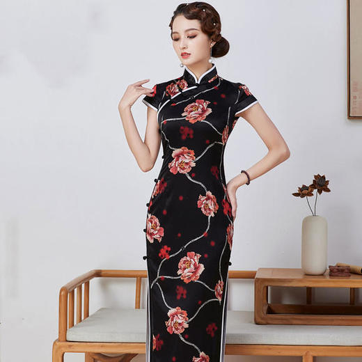 dfsy-qc1697840新款复古优雅立领真丝印花手工盘扣长款旗 - 伊人旗袍