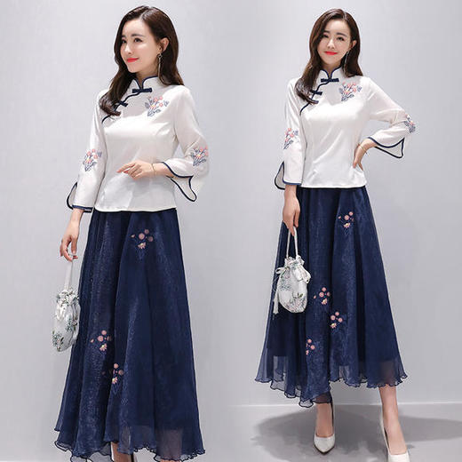 CQ20307时尚中国风文艺 复古绣花上衣+大摆裙 两件套 商品图4