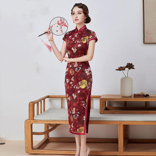 DFSY-QC1697831新款优雅气质修身显瘦真丝印花手工盘扣长款旗袍 商品图1