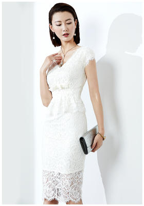 J7280183B颈袖添香季新款裙子修身显瘦气质超仙包臀白色蕾丝连衣裙女J7280183B
