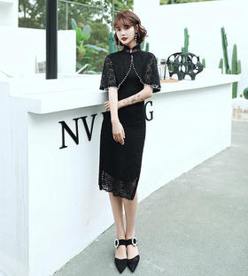 MES-9117新款法式立领蕾丝披肩旗袍连衣裙