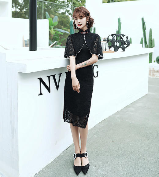 MES-9117新款法式立领蕾丝披肩旗袍连衣裙 商品图0