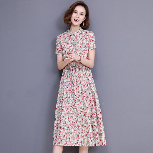 WZNH-NYMYZ812夏新款收腰气质中长款棉麻翻领碎花连衣裙 商品图3
