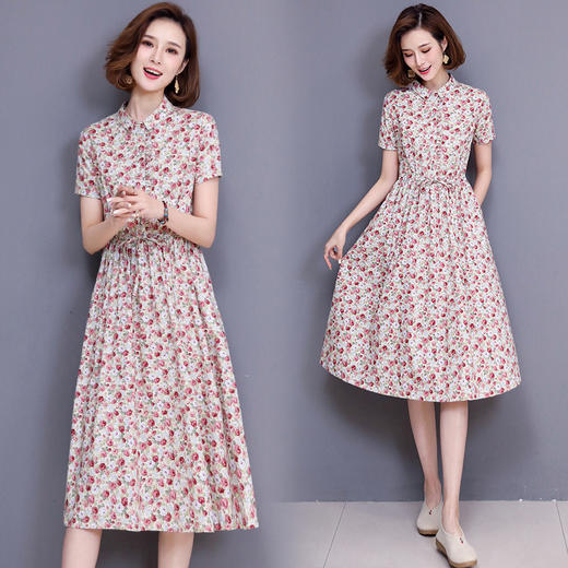 WZNH-NYMYZ812夏新款收腰气质中长款棉麻翻领碎花连衣裙 商品图1