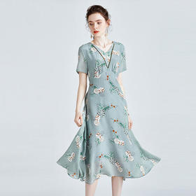 FSZ-2062法式复古连衣裙气质V领修身印花桑蚕丝大摆长裙