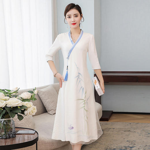 FMN-FS6751汉服仙气中国风复古禅意女装交领手绘连衣裙 商品图2