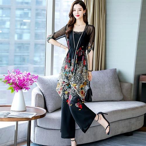 WZNH-MSY1925（三件套 配腰带 抹胸）优雅小个子雪纺花色御姐洋气范阔腿裤三件套 商品图1