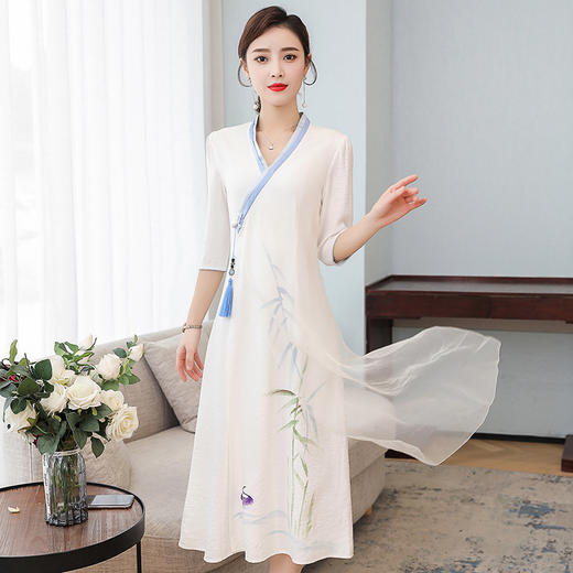 FMN-FS6751汉服仙气中国风复古禅意女装交领手绘连衣裙 商品图4