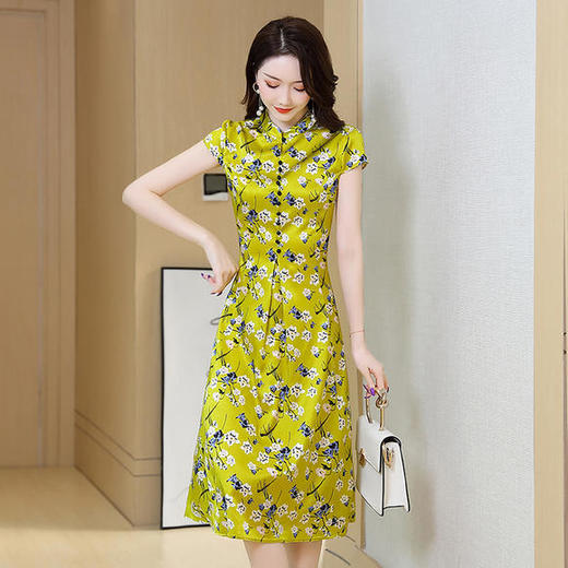 HZY-ASE2277新款复古气质桑蚕丝碎花改良旗袍裙 商品图4