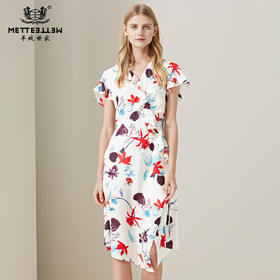 METTE2020夏季新品女中长款连衣裙时尚植物印花不对称开衩连衣裙