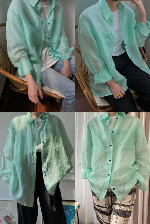 HIDEMI “自由是生命的氧气”/氧气绿天丝亚麻口袋设计感衬衫 商品图5
