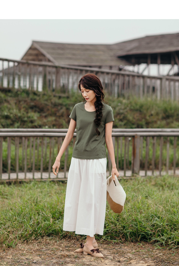 茵曼女装夏装新款文艺范圆领印绣花百搭弹性棉短袖t恤女上衣短款