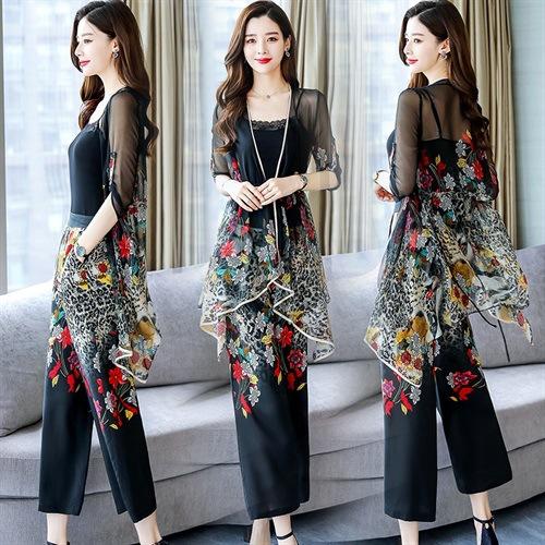 WZNH-MSY1925（三件套 配腰带 抹胸）优雅小个子雪纺花色御姐洋气范阔腿裤三件套 商品图0